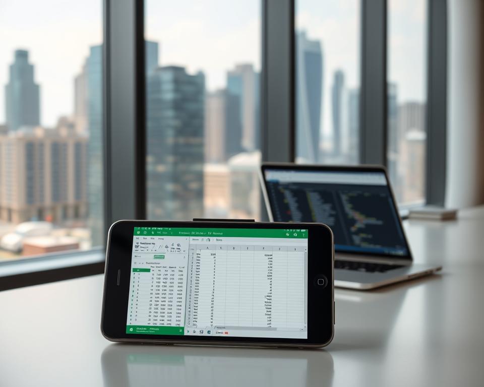 A sleek, modern office setting with large windows overlooking a bustling city skyline. In the foreground, a mobile device displays a spreadsheet interface, its screen seamlessly integrated with the desktop version on a nearby laptop. The lighting is soft and natural, highlighting the clean lines and minimalist design of the office furniture. The atmosphere conveys a sense of efficiency and productivity, with the mobile spreadsheet app serving as a versatile tool for cross-platform collaboration. The scene suggests the effortless transition between devices and the seamless integration of mobile and desktop workflows.